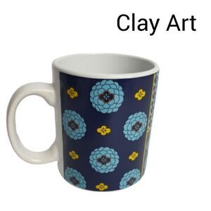 Clay Art Coffee Mug Lg 16oz Holiday Blue & Yellow Designs Ceramic 16 Oz NEW
